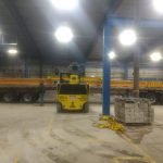 heavy duty forklift moving large acculift crane beam/headers runway